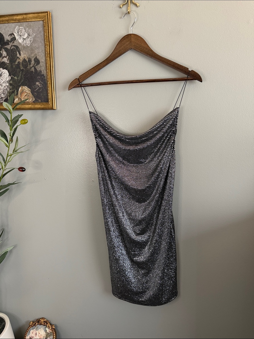 Topshop Silver Metallic Shimmer Cowl Neck Mini Slip Dress US 2 Y2K Party Club - Picture 4 of 9